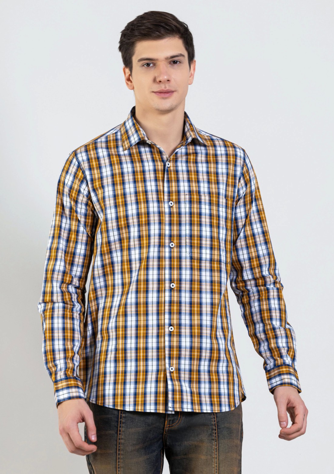 Mustard Yellow Regular Fit Men's Cotton Check Shirt