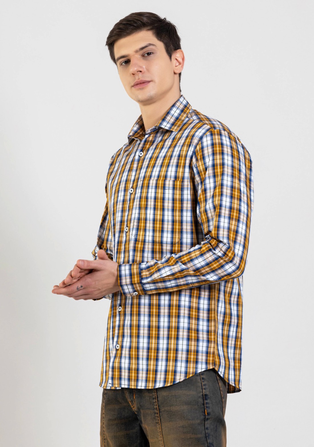 Mustard Yellow Regular Fit Men's Cotton Check Shirt