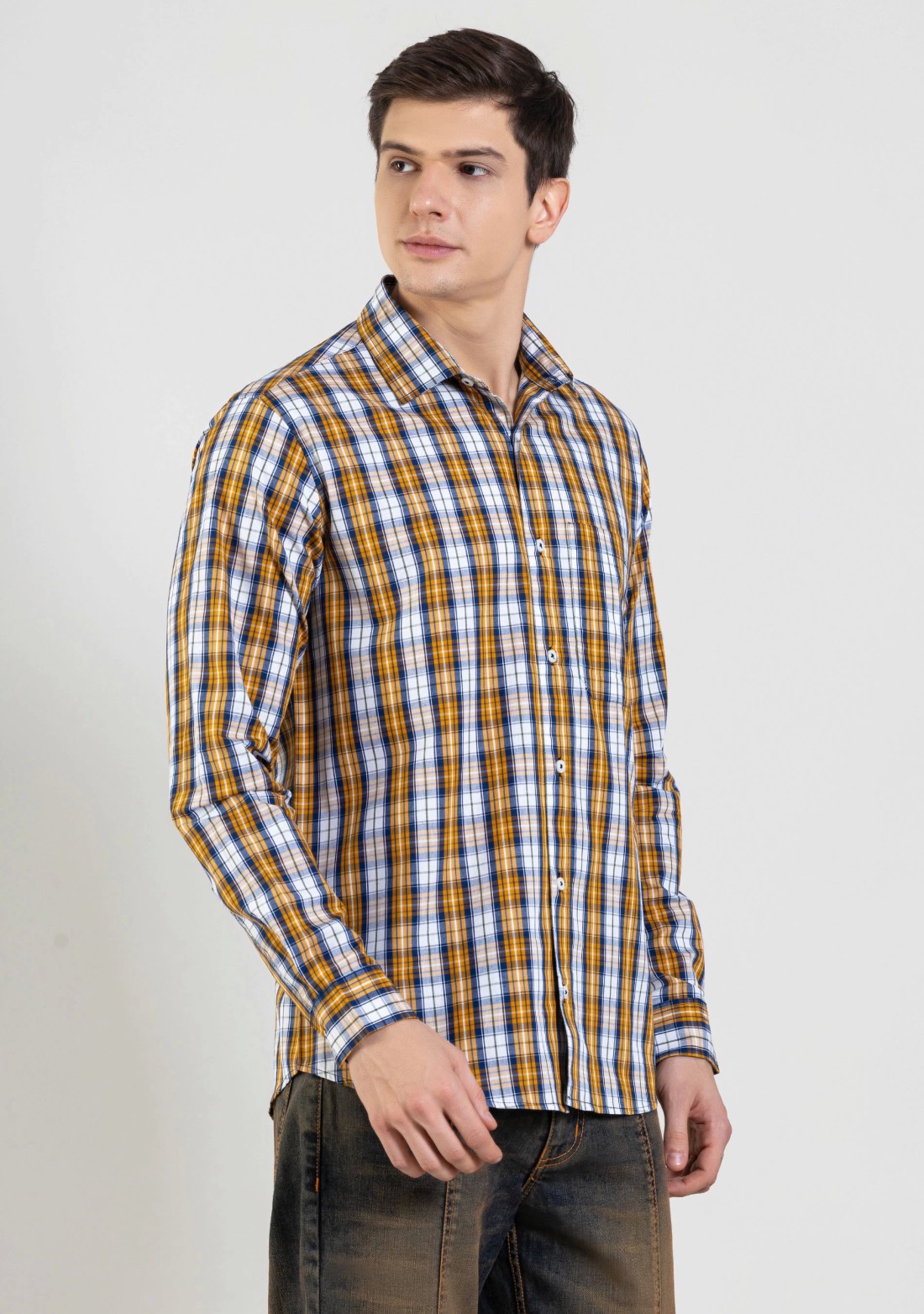 Mustard Yellow Regular Fit Men's Cotton Check Shirt