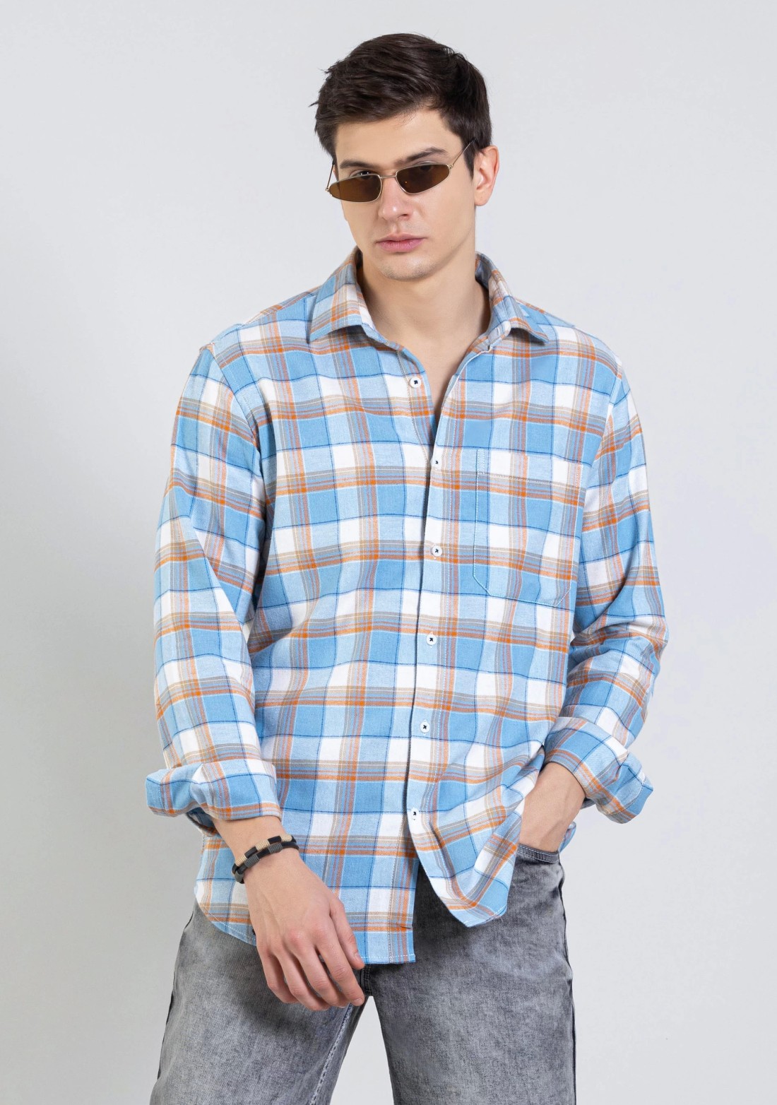 Light Blue Regular Fit Men's Winter Flannel Check Shirt