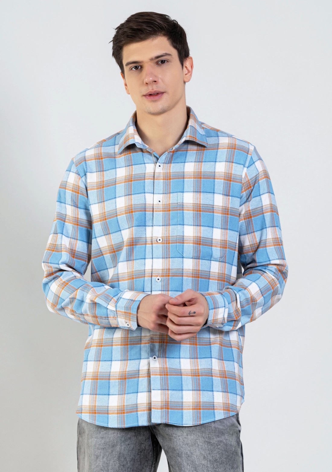 Light Blue Regular Fit Men's Winter Flannel Check Shirt