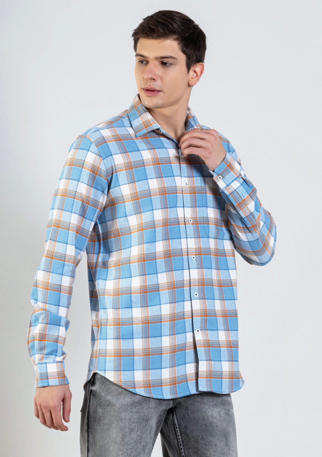 Light Blue Regular Fit Men's Winter Flannel Check Shirt