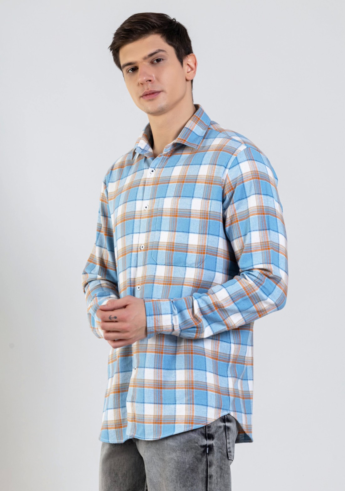 Light Blue Regular Fit Men's Winter Flannel Check Shirt