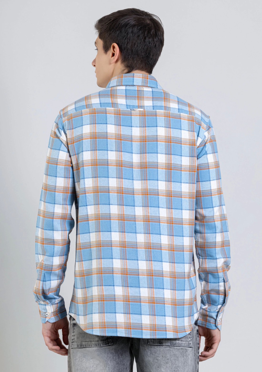 Light Blue Regular Fit Men's Winter Flannel Check Shirt