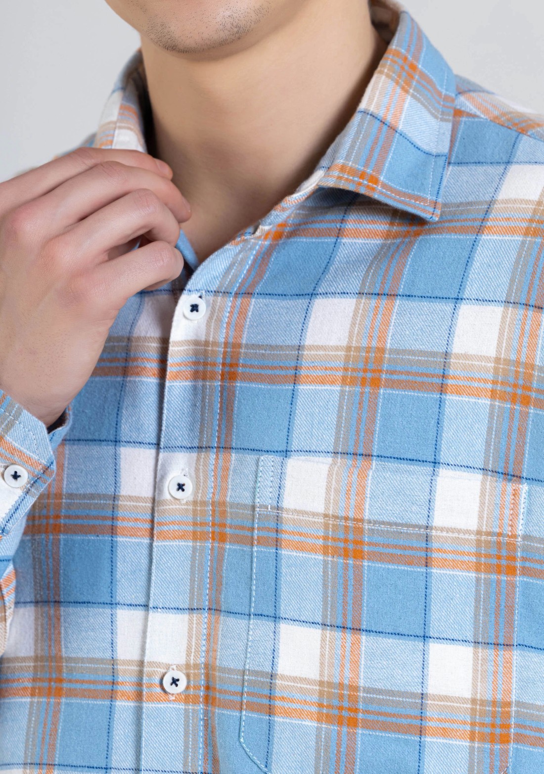 Light Blue Regular Fit Men's Winter Flannel Check Shirt