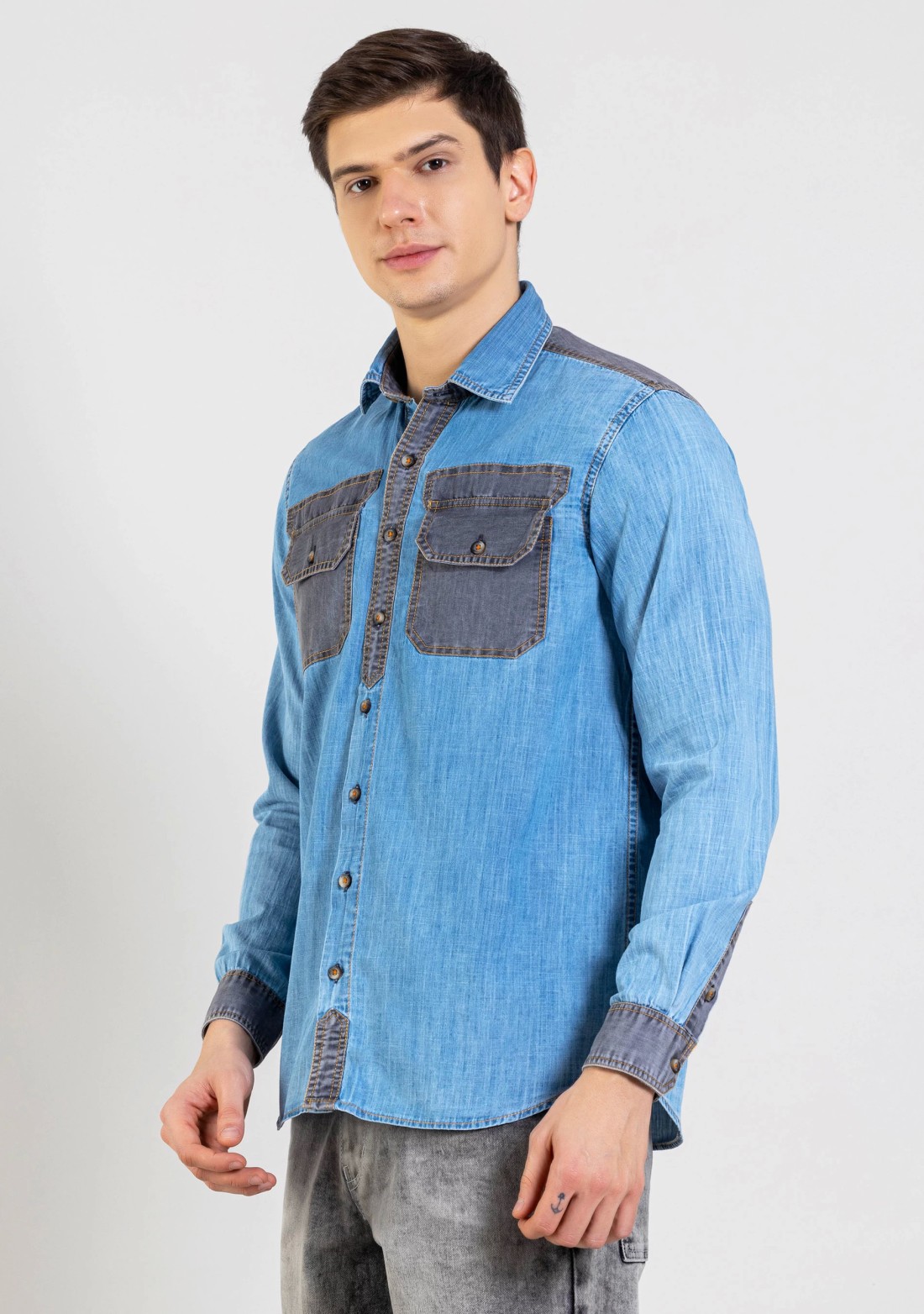 Blue and Black Regular Fit Men's Cotton Casual Shirt