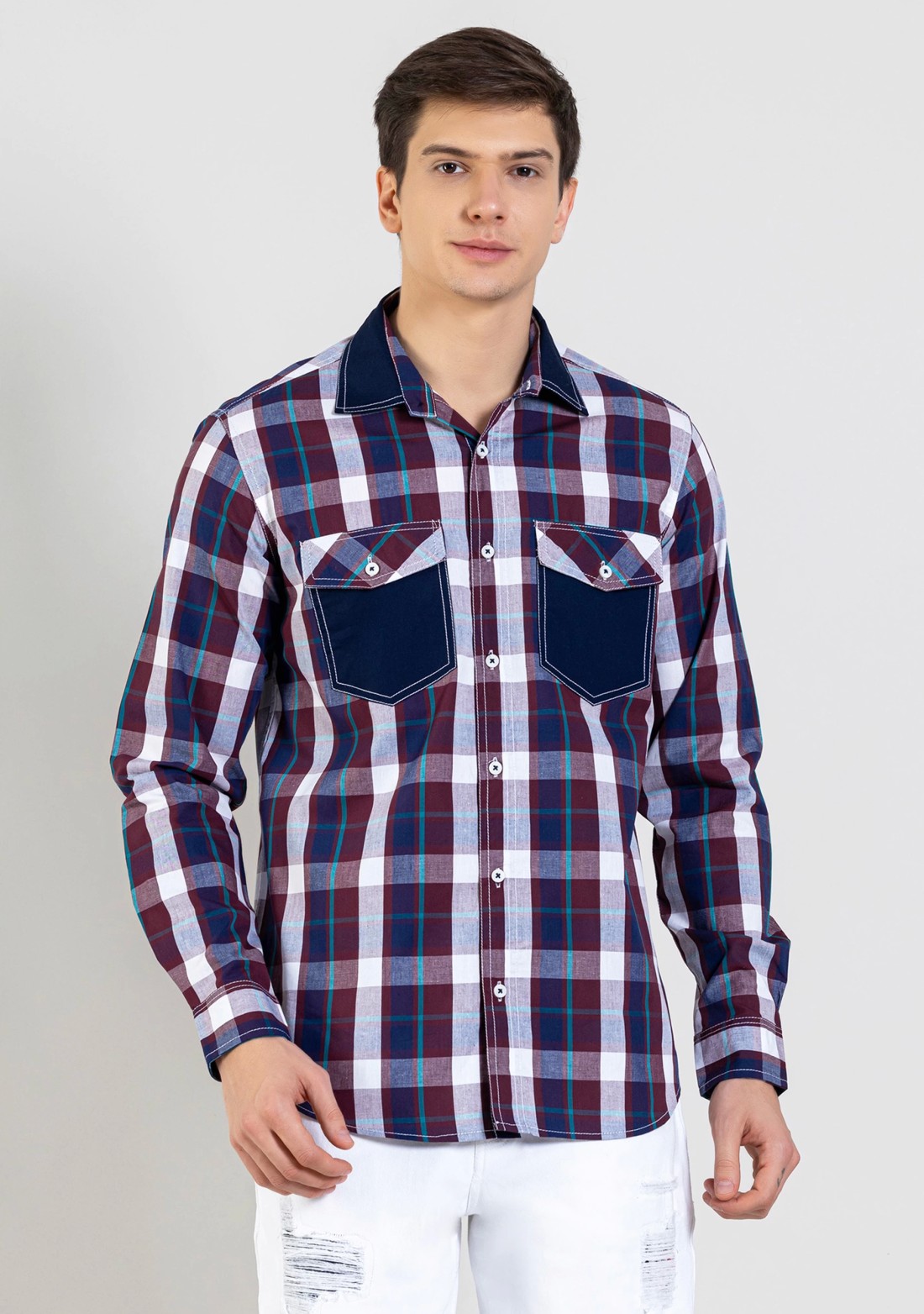 Maroon Regular Fit Men's Cotton Check Shirt