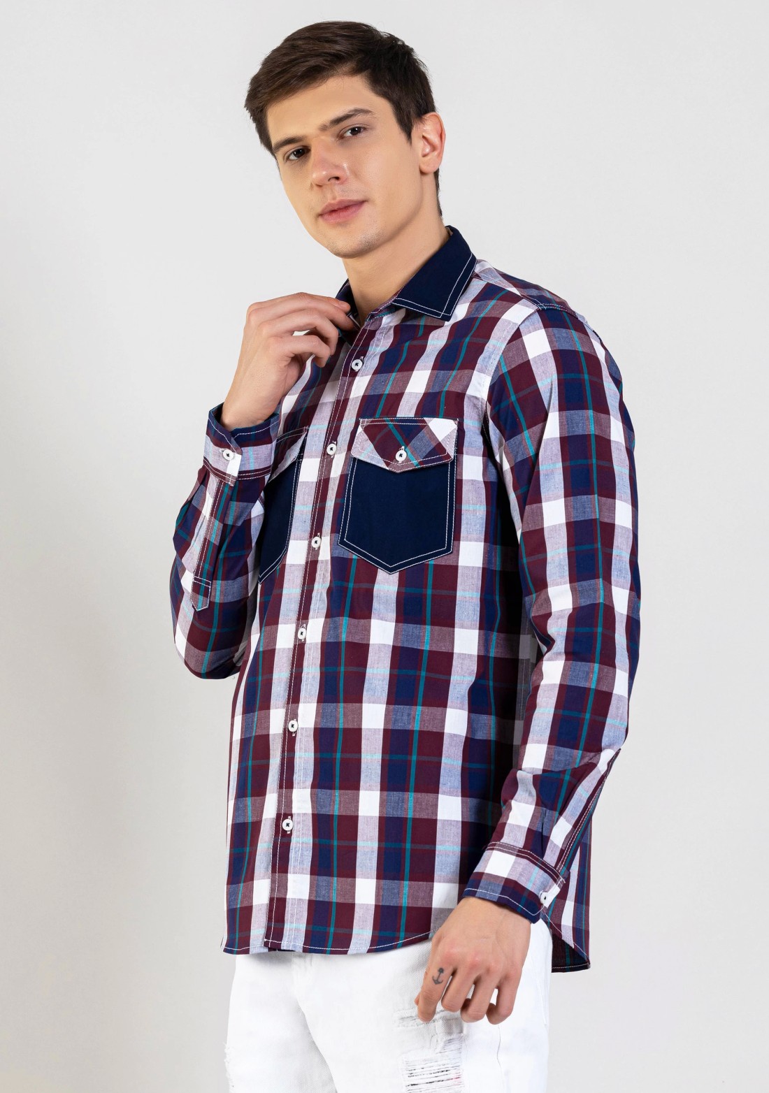 Maroon Regular Fit Men's Cotton Check Shirt