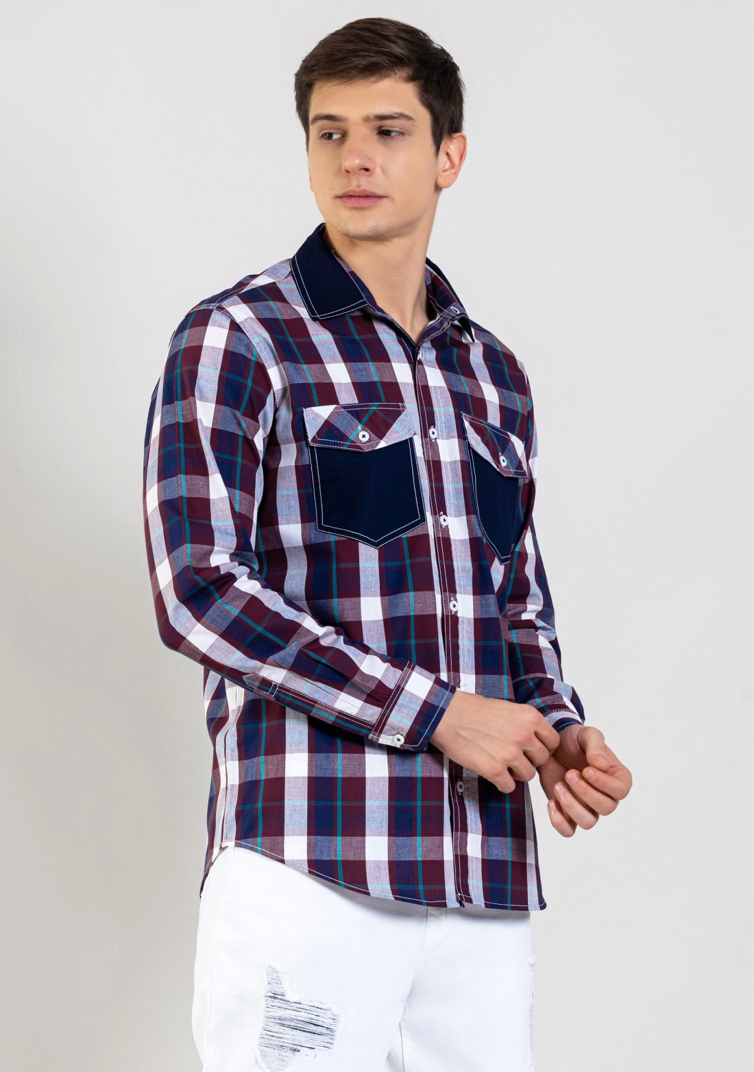 Maroon Regular Fit Men's Cotton Check Shirt