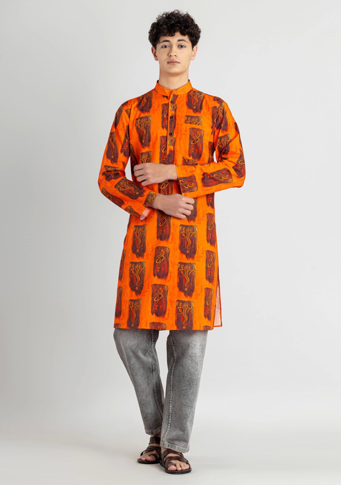 Bright Orange Regular Fit Printed Men's Cotton Kurta