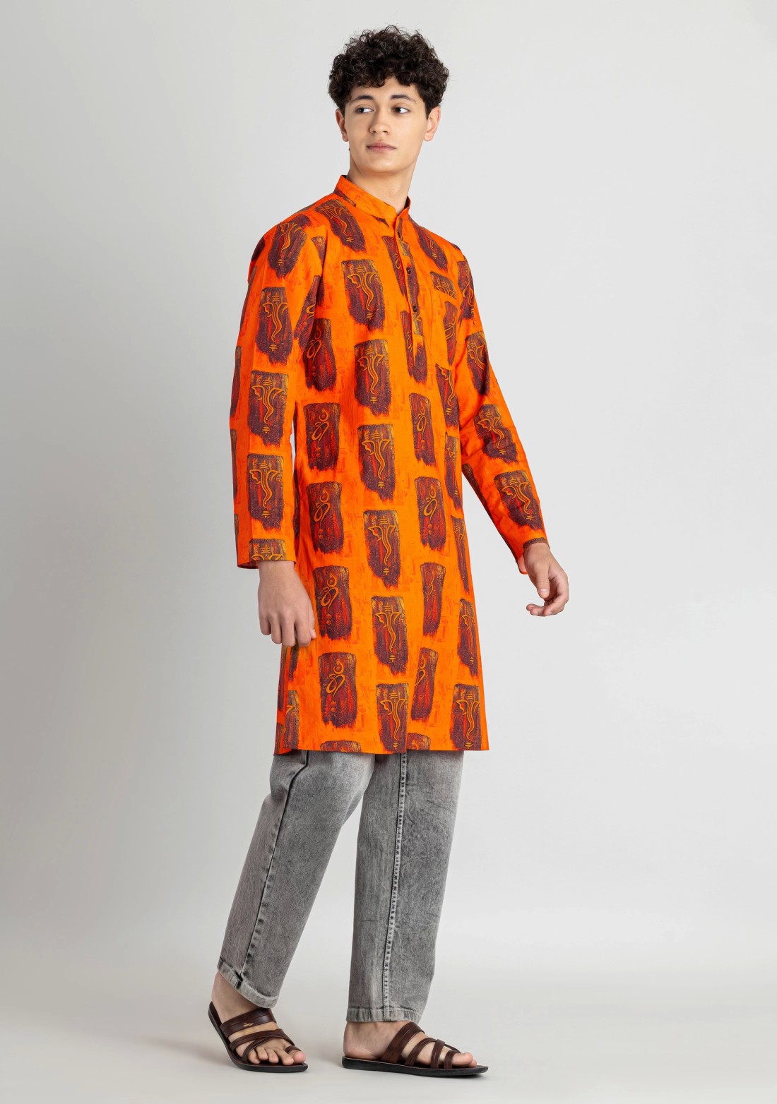 Bright Orange Regular Fit Printed Men's Cotton Kurta