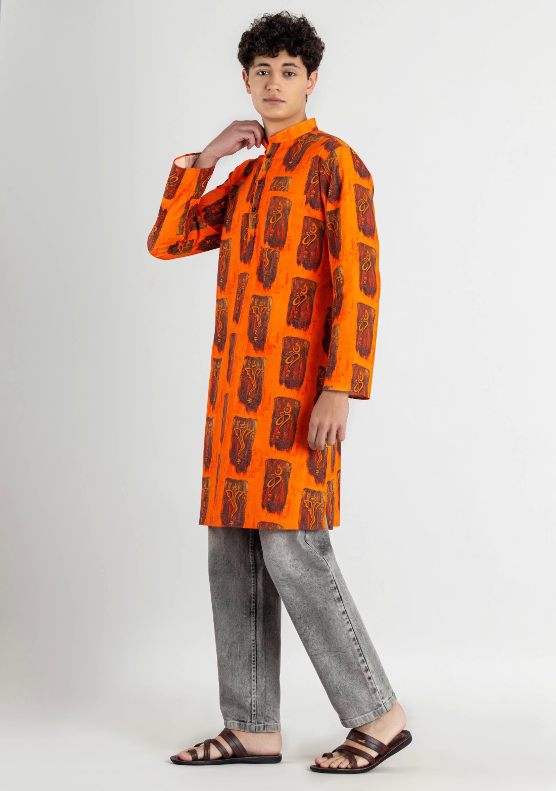 Bright Orange Regular Fit Printed Men's Cotton Kurta