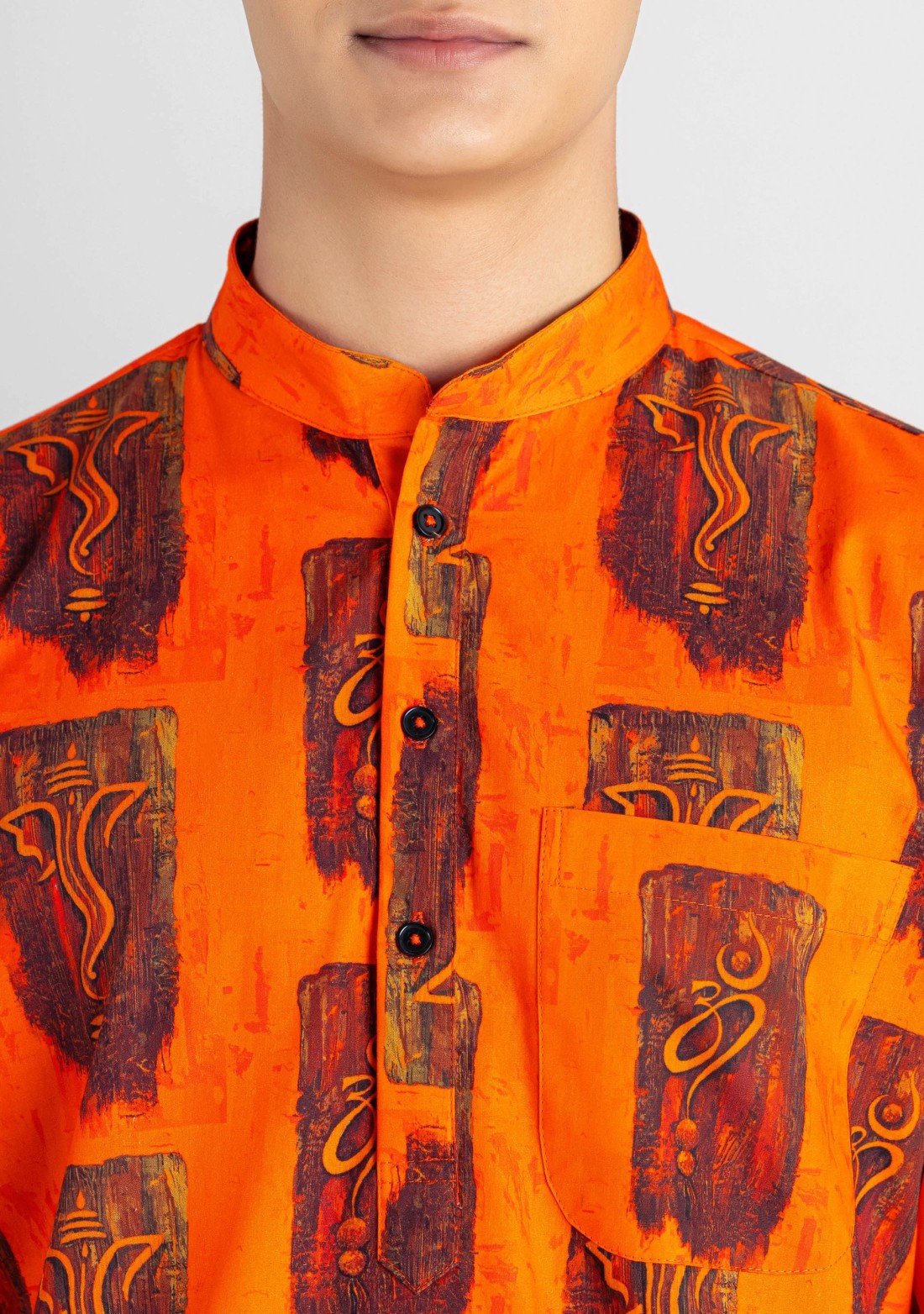 Bright Orange Regular Fit Printed Men's Cotton Kurta