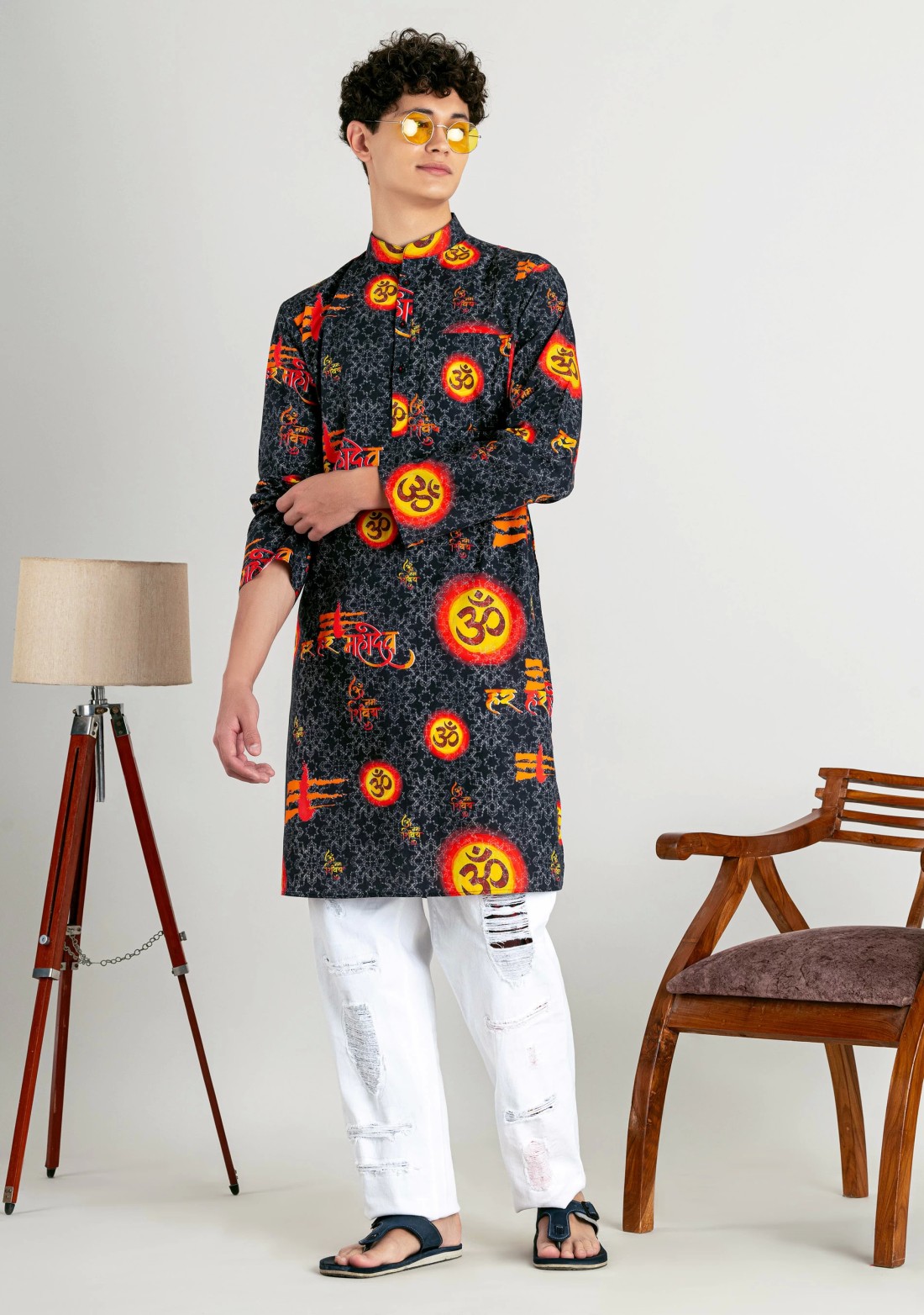 Dark Grey Regular Fit Aum Printed Men's Cotton Kurta