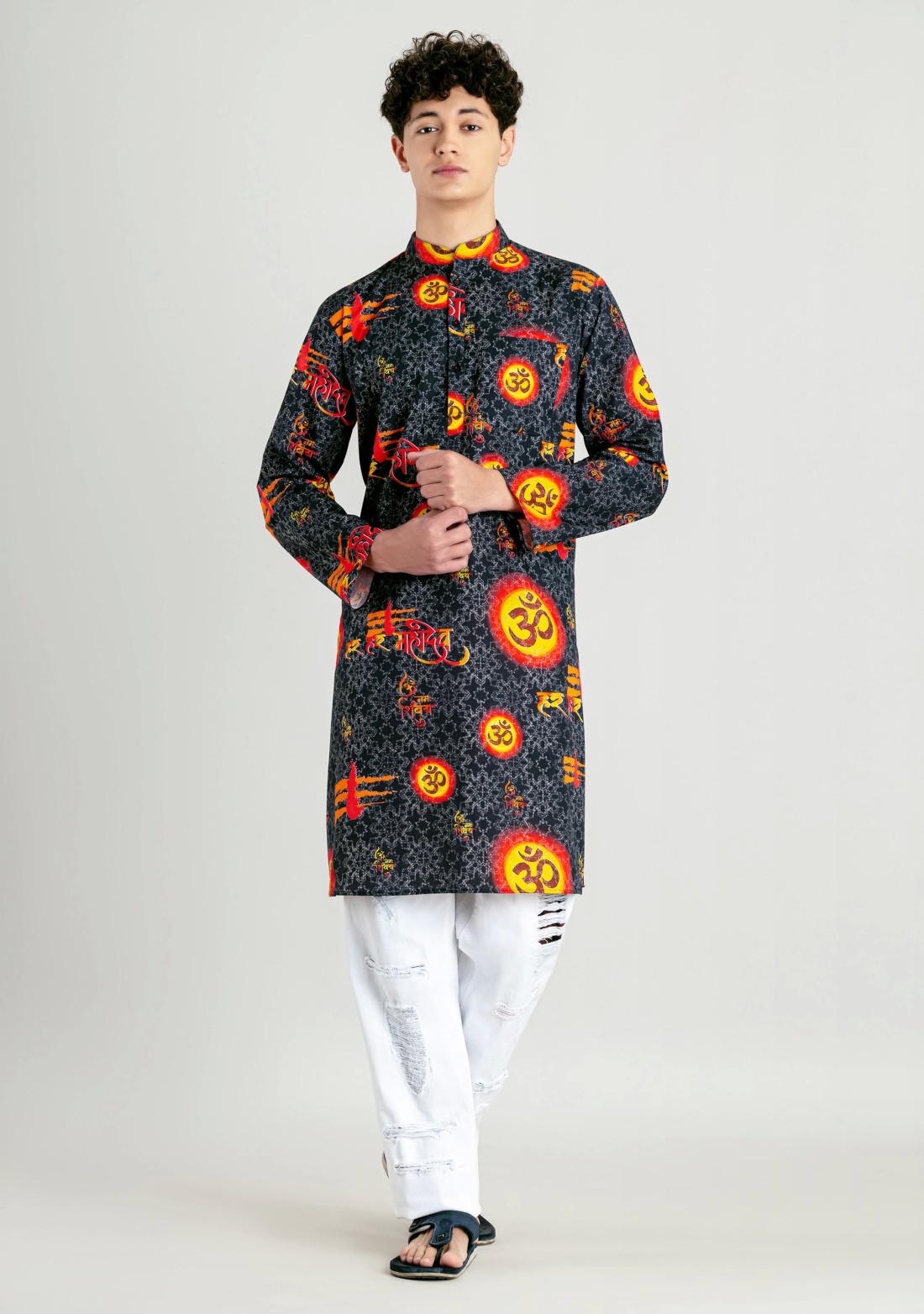 Dark Grey Regular Fit Aum Printed Men's Cotton Kurta