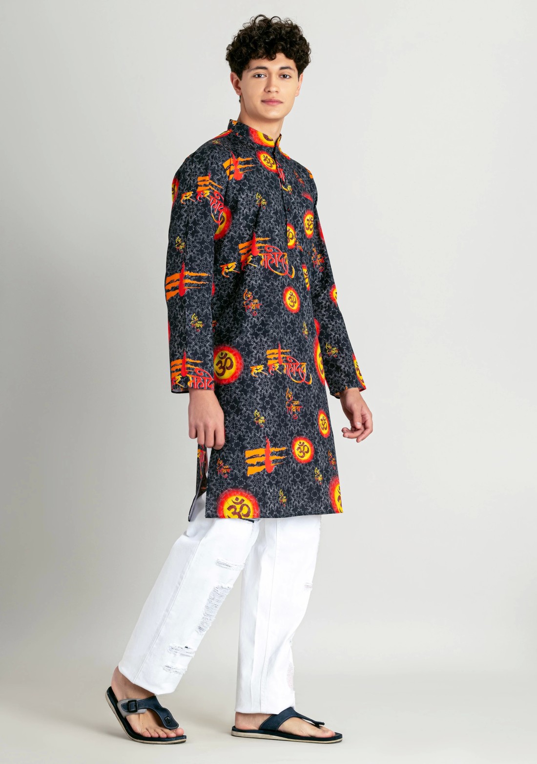 Dark Grey Regular Fit Aum Printed Men's Cotton Kurta