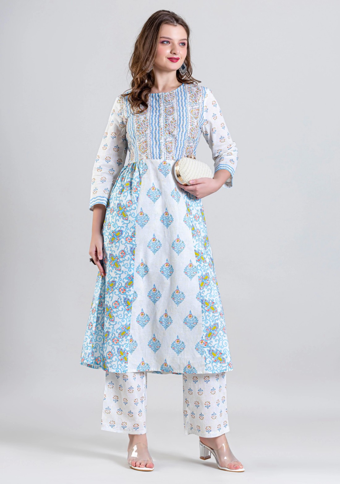 White Ethnic Print Flared Cotton Kurta with Straight Pants