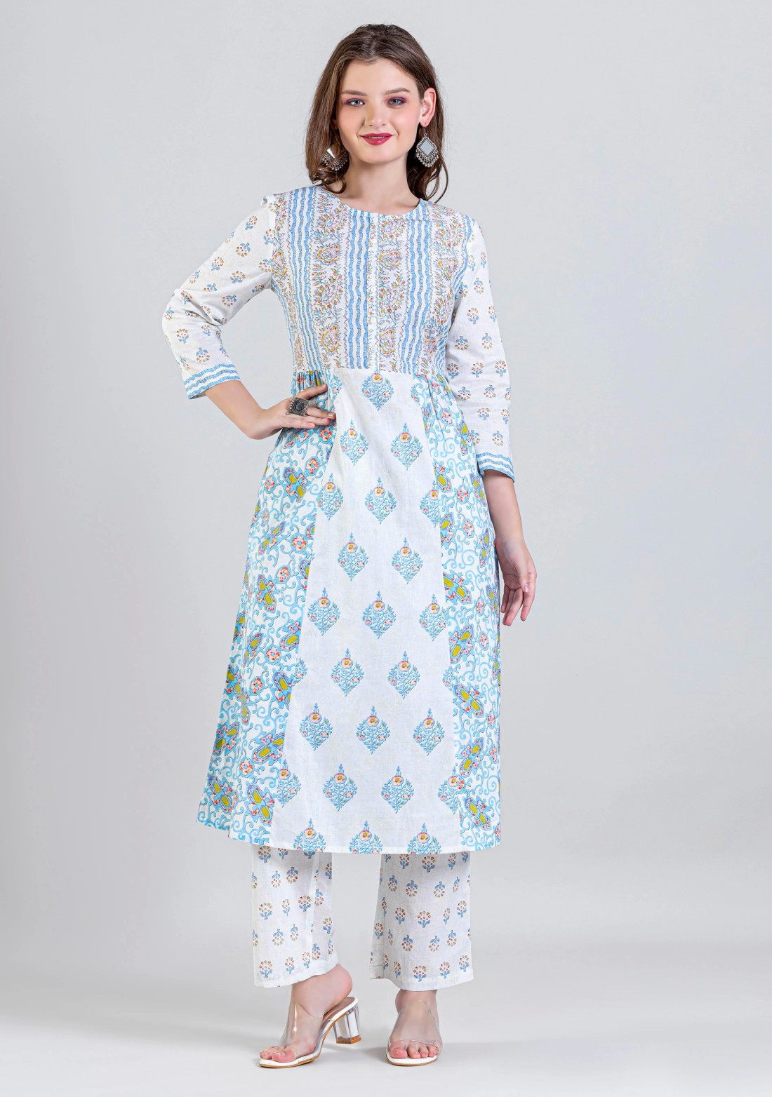 White Ethnic Print Flared Cotton Kurta with Straight Pants