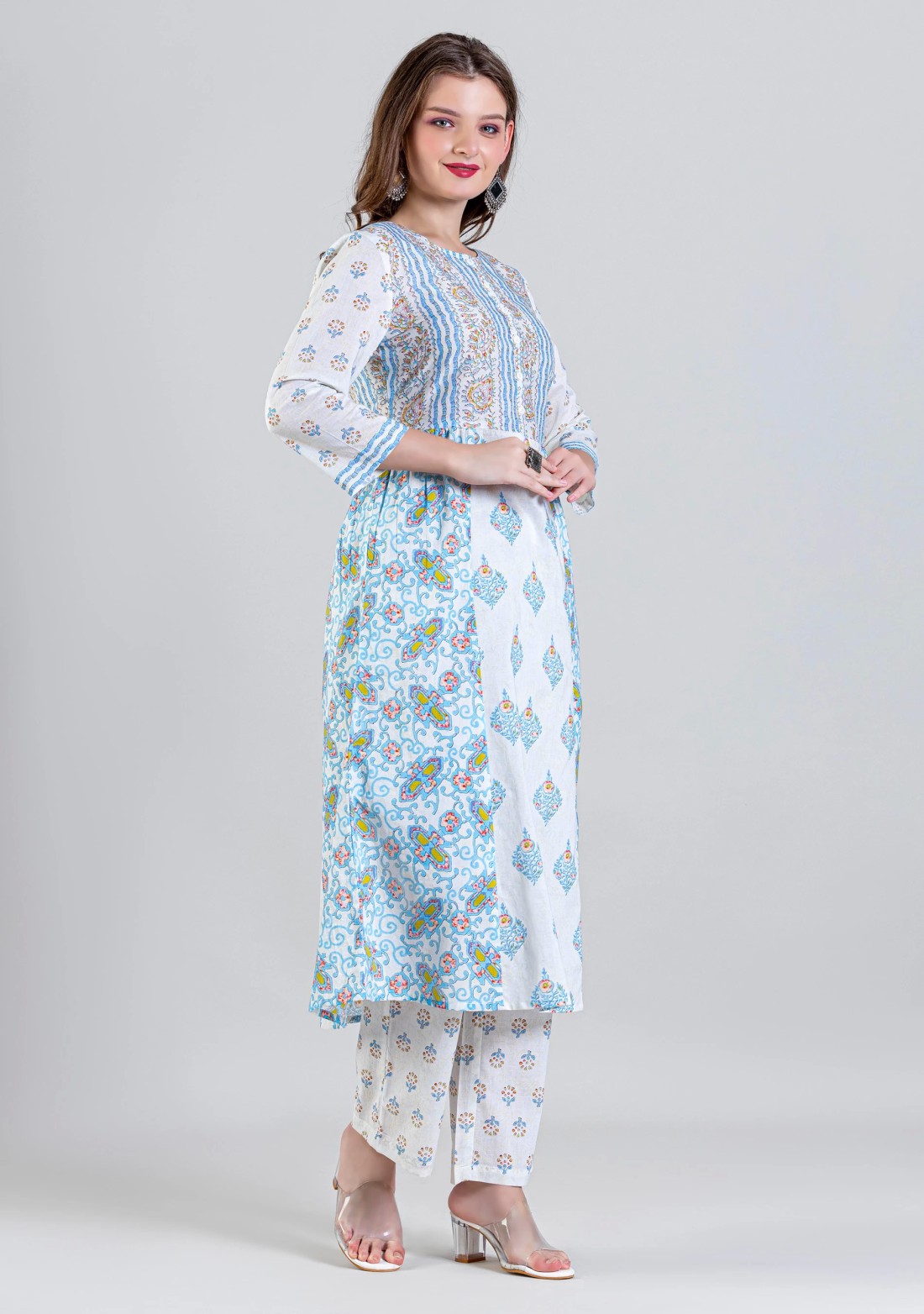 White Ethnic Print Flared Cotton Kurta with Straight Pants