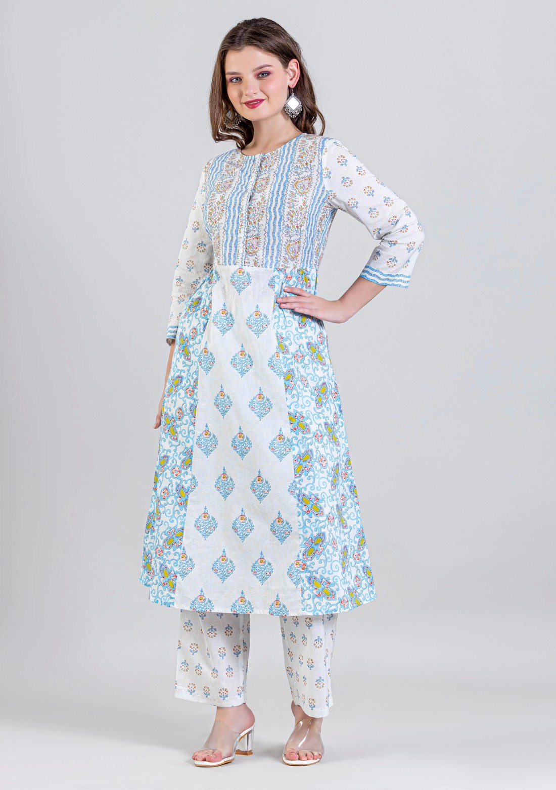 White Ethnic Print Flared Cotton Kurta with Straight Pants