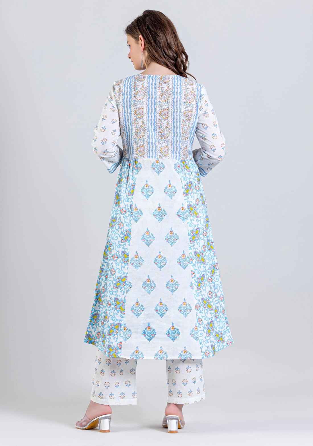 White Ethnic Print Flared Cotton Kurta with Straight Pants