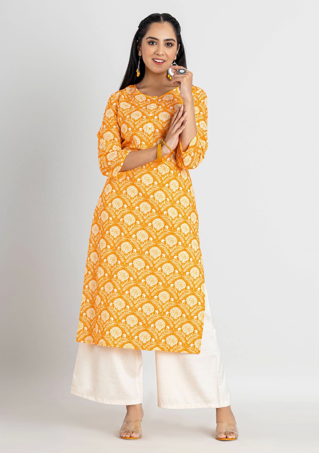 Yellow Ethnic Print Cotton Straight Kurta