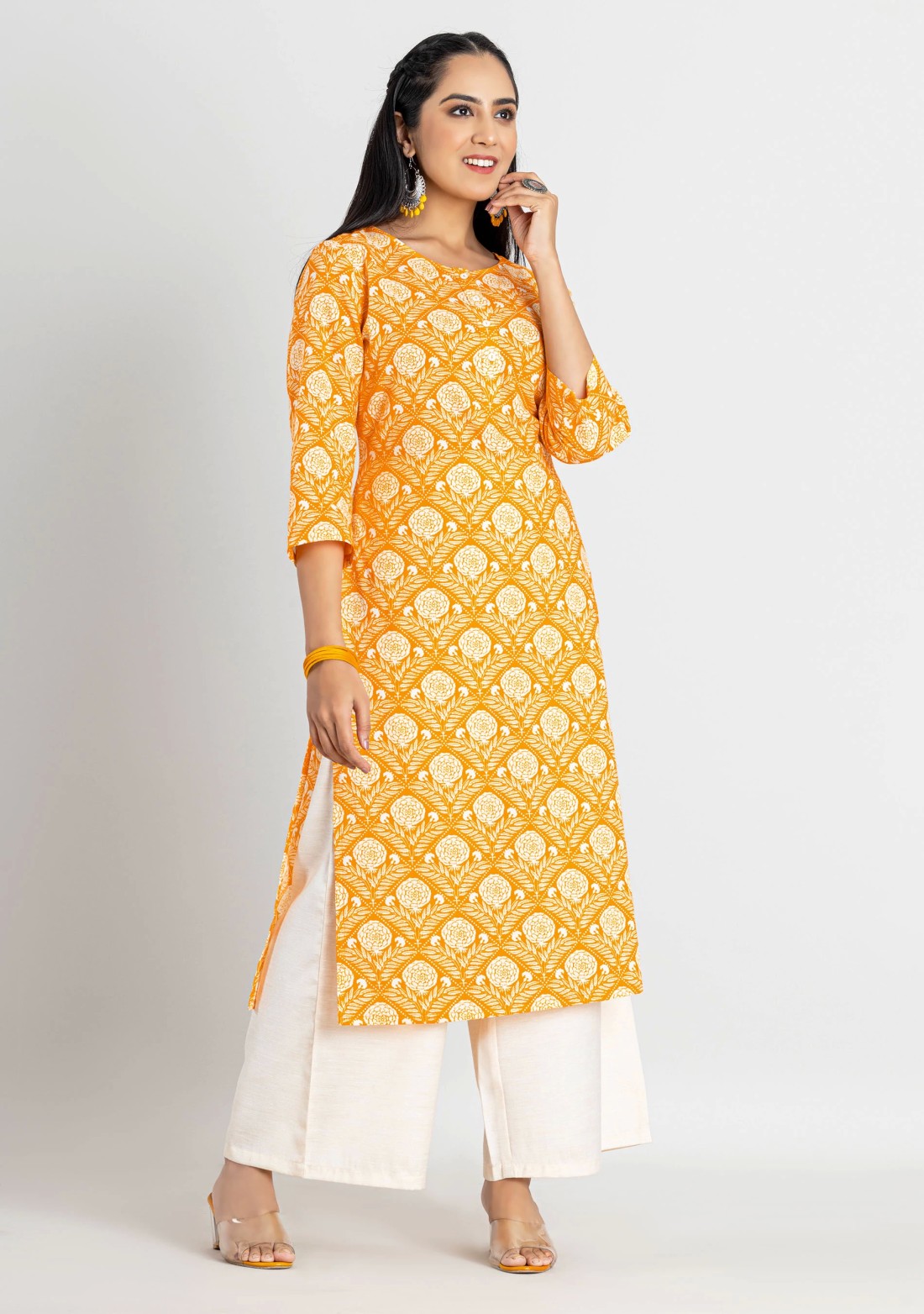 Yellow Ethnic Print Cotton Straight Kurta