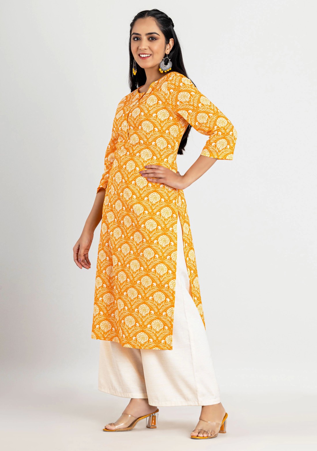 Yellow Ethnic Print Cotton Straight Kurta