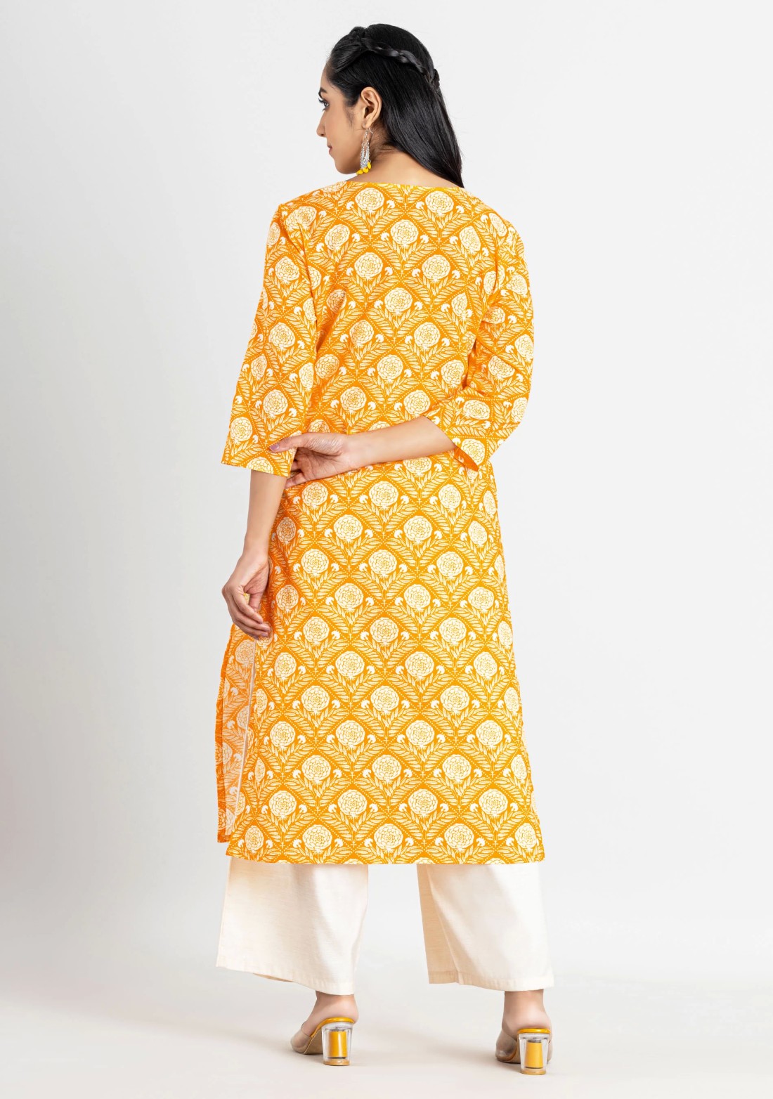 Yellow Ethnic Print Cotton Straight Kurta