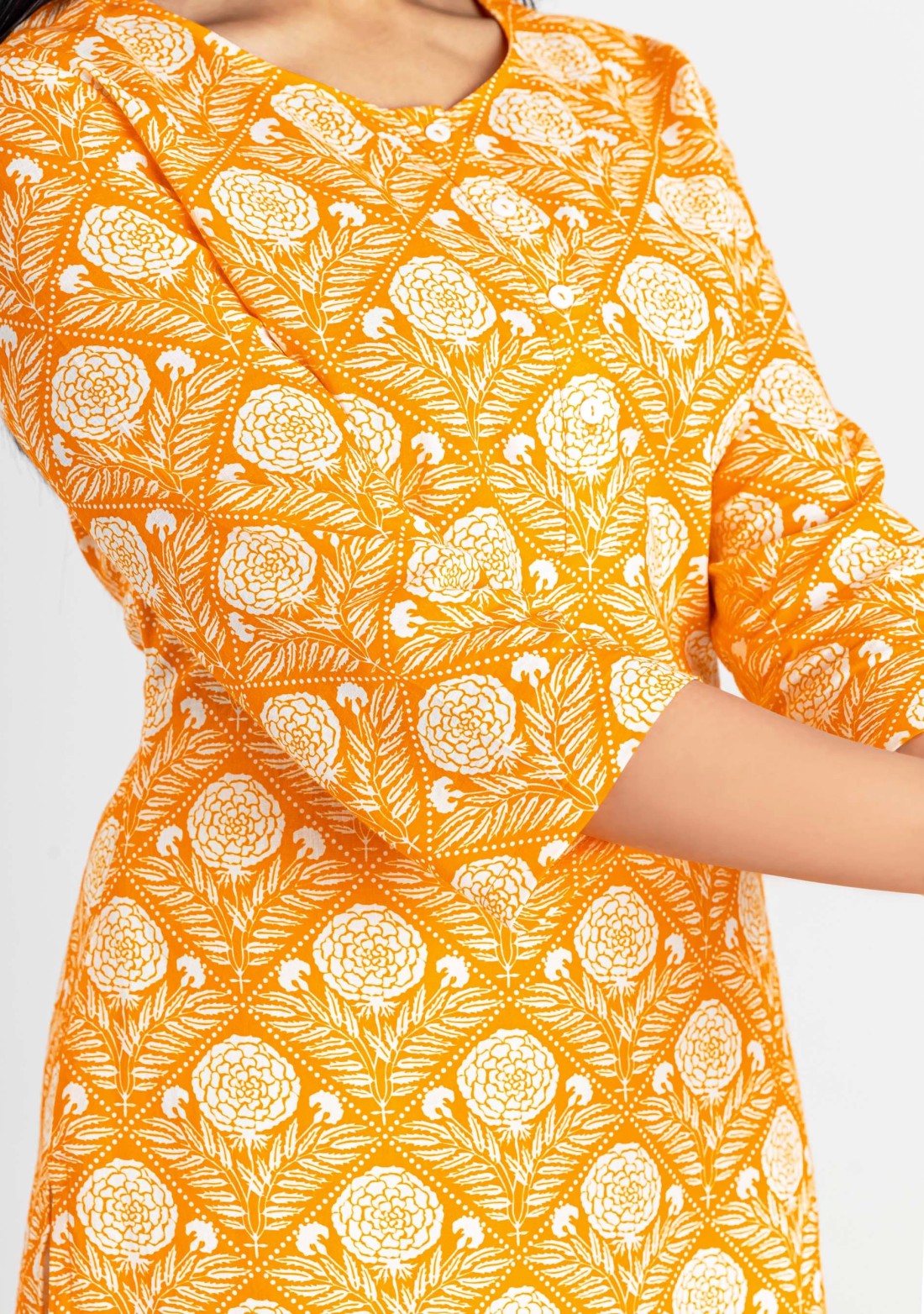 Yellow Ethnic Print Cotton Straight Kurta