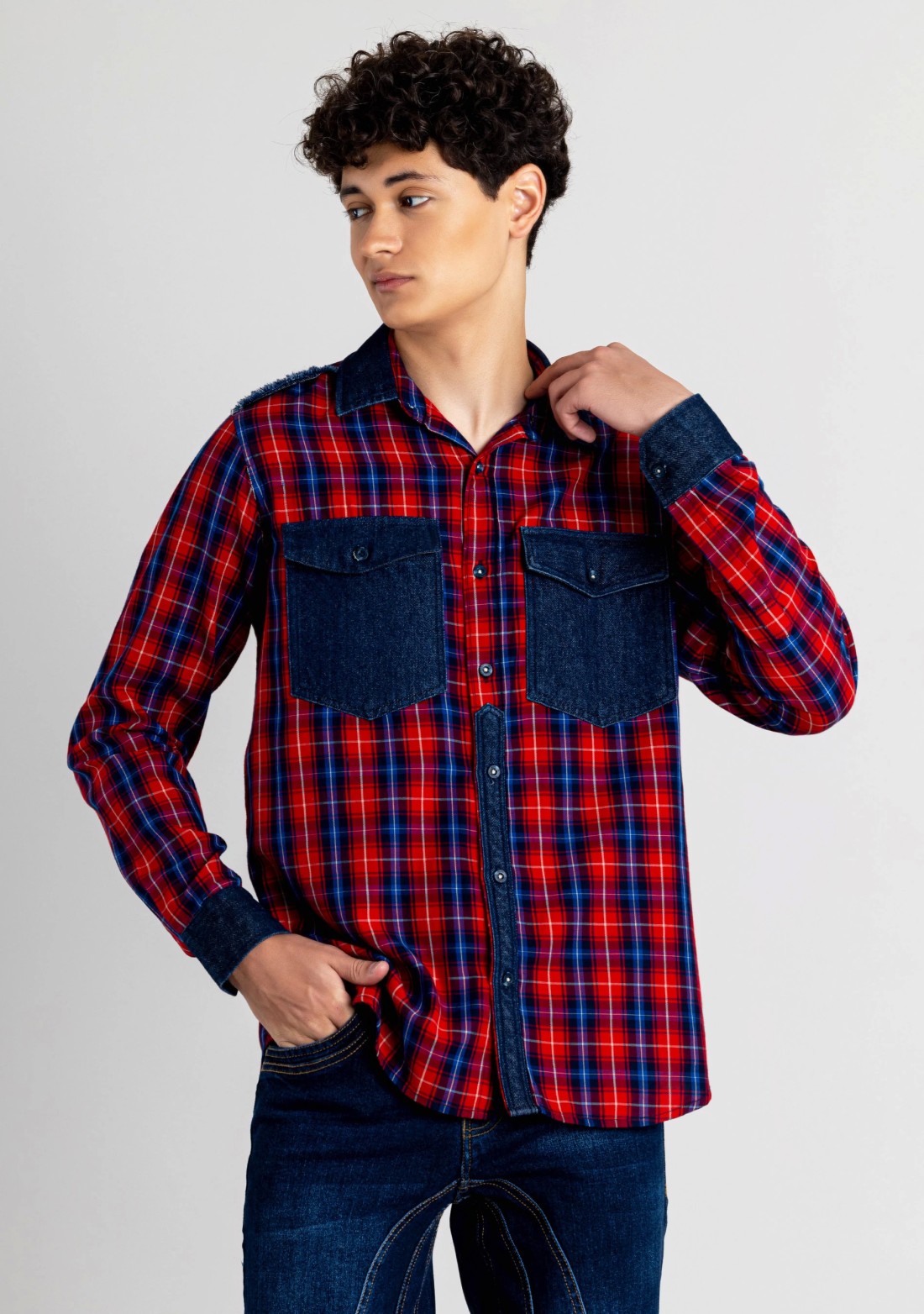 Red and Blue Regular Fit Men's Cotton Check Shirt