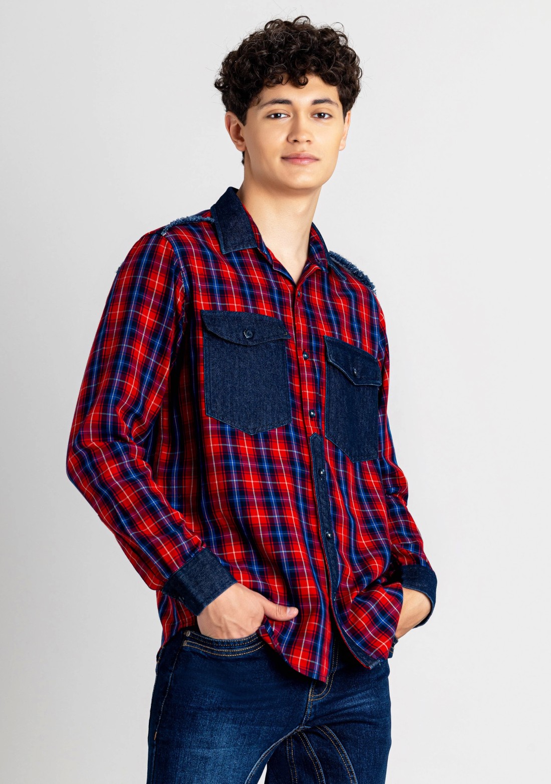 Red and Blue Regular Fit Men's Cotton Check Shirt