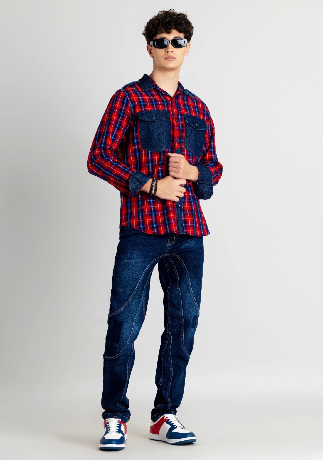 Red and Blue Regular Fit Men's Cotton Check Shirt