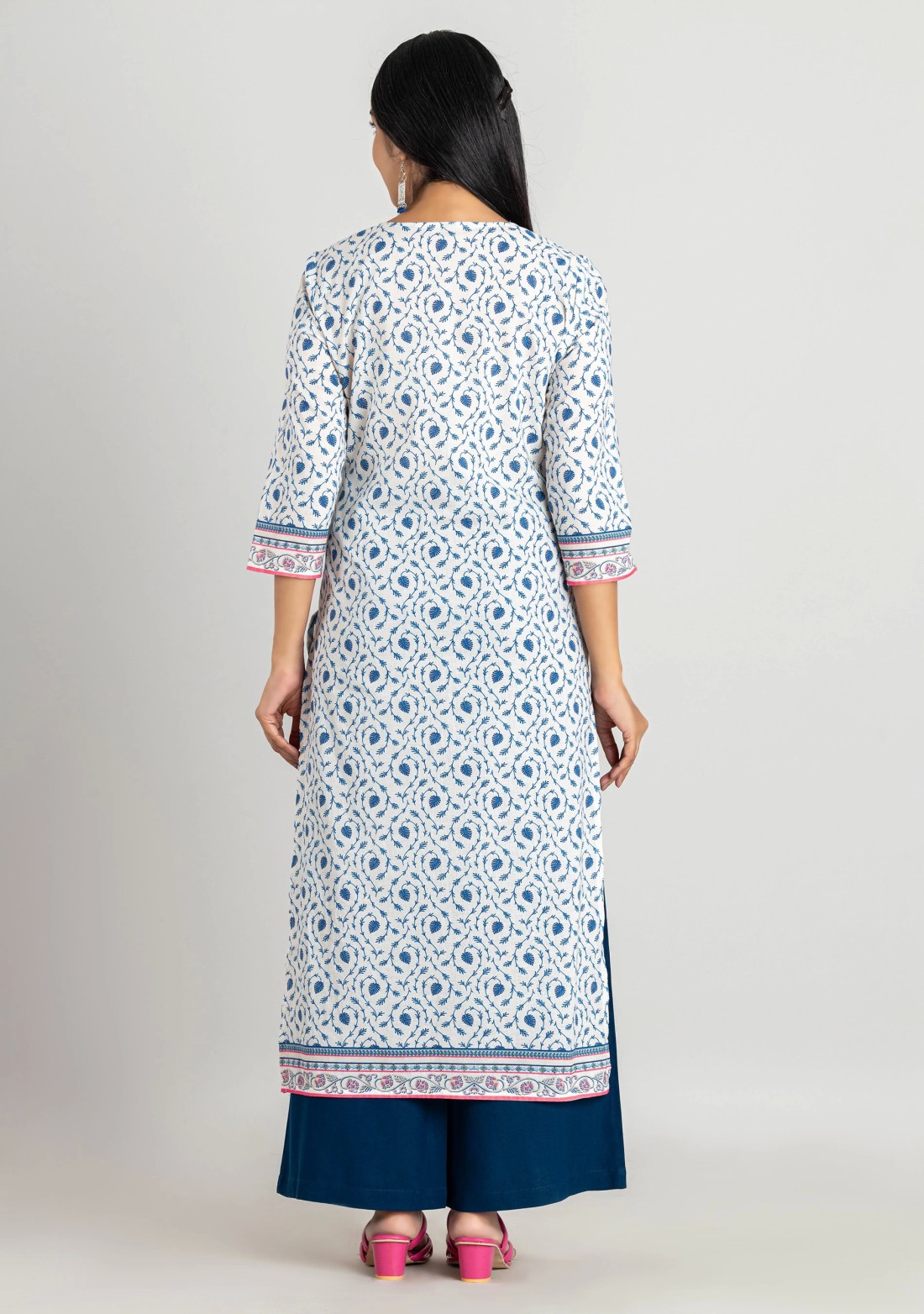 Off White Ethnic Print Cotton Straight Kurta