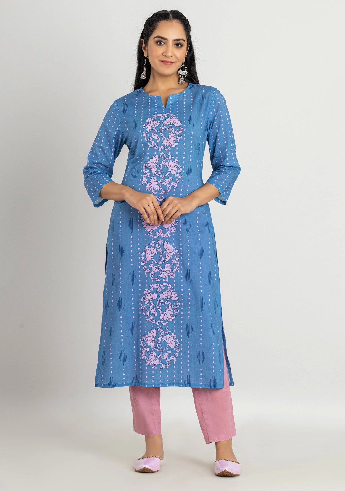 Light Blue Floral Print Cotton Straight Kurta