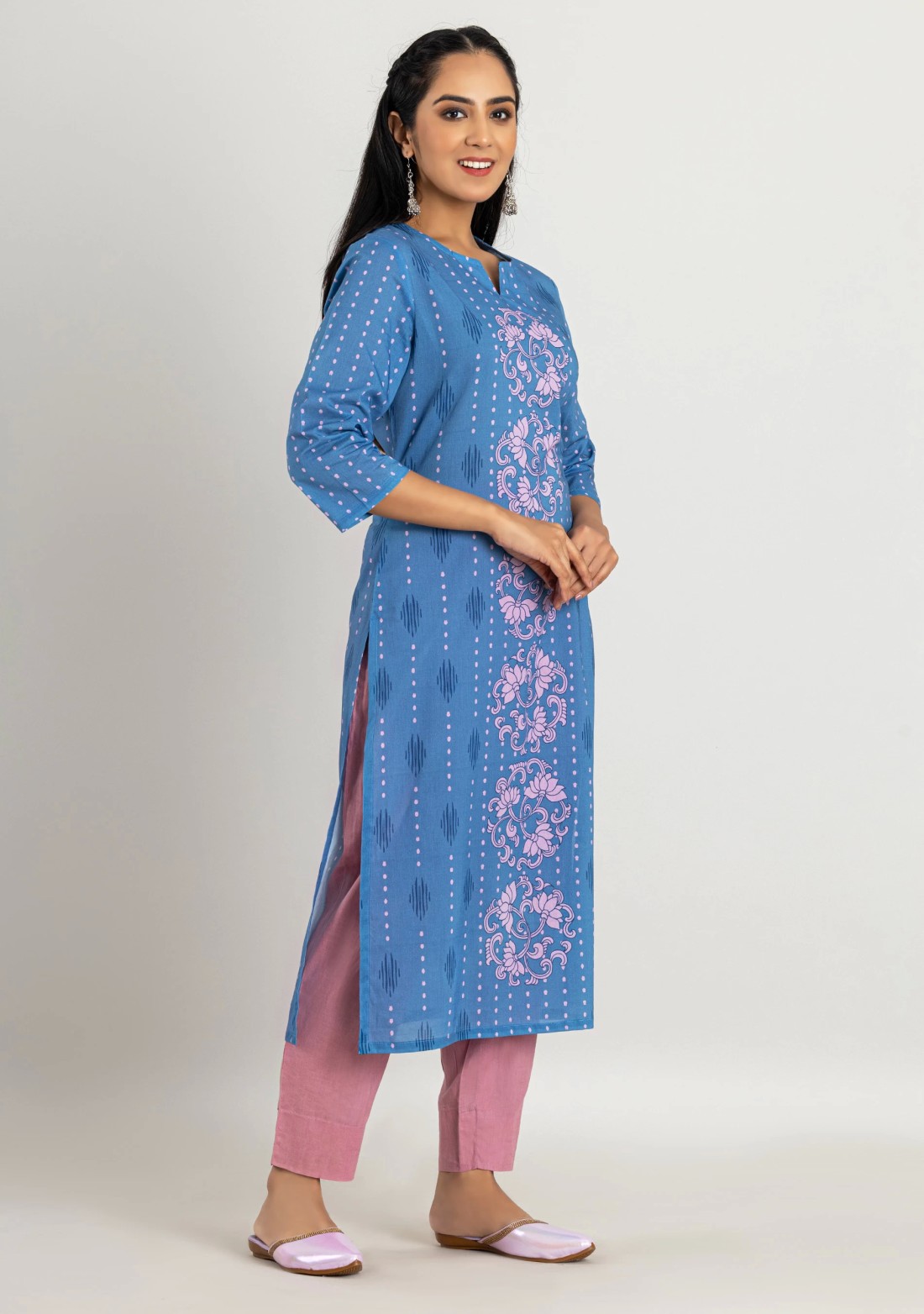 Light Blue Floral Print Cotton Straight Kurta