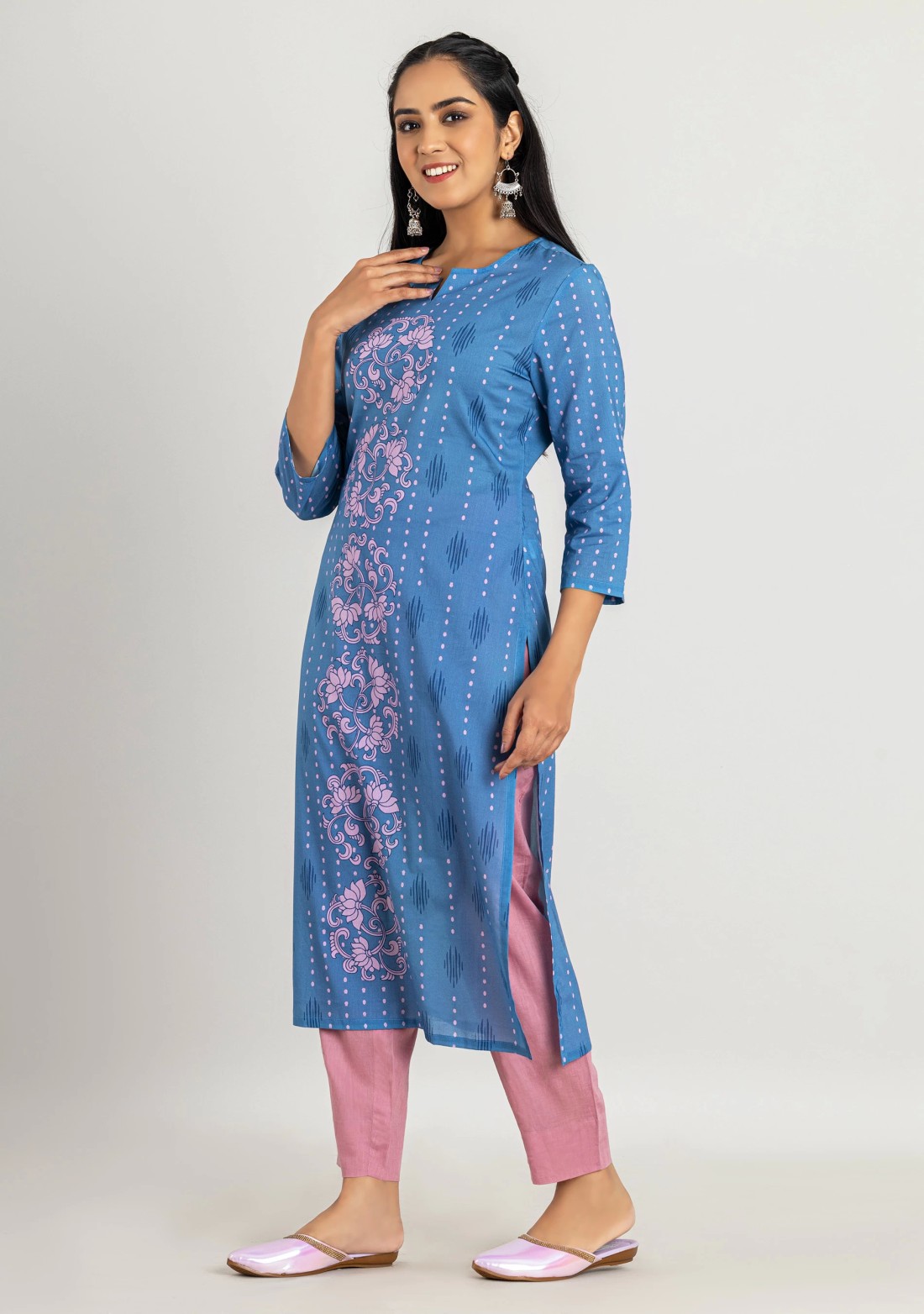 Light Blue Floral Print Cotton Straight Kurta