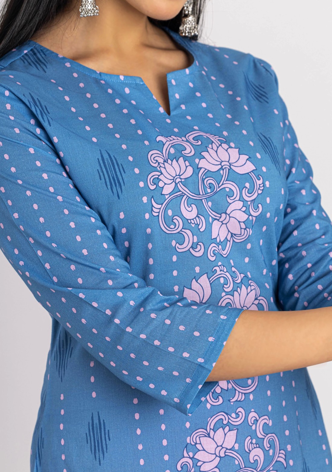 Light Blue Floral Print Cotton Straight Kurta