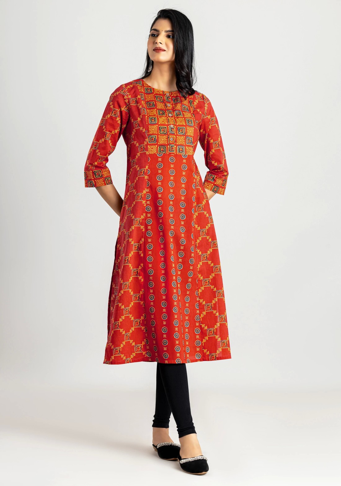 Brick Red Geometric Print Cotton A-line Kurta