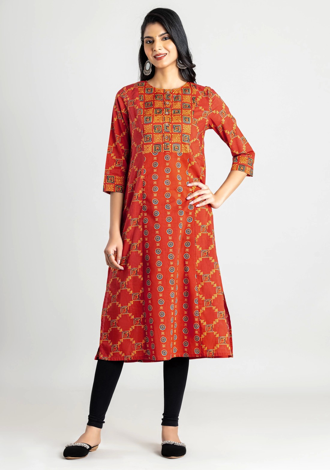 Brick Red Geometric Print Cotton A-line Kurta