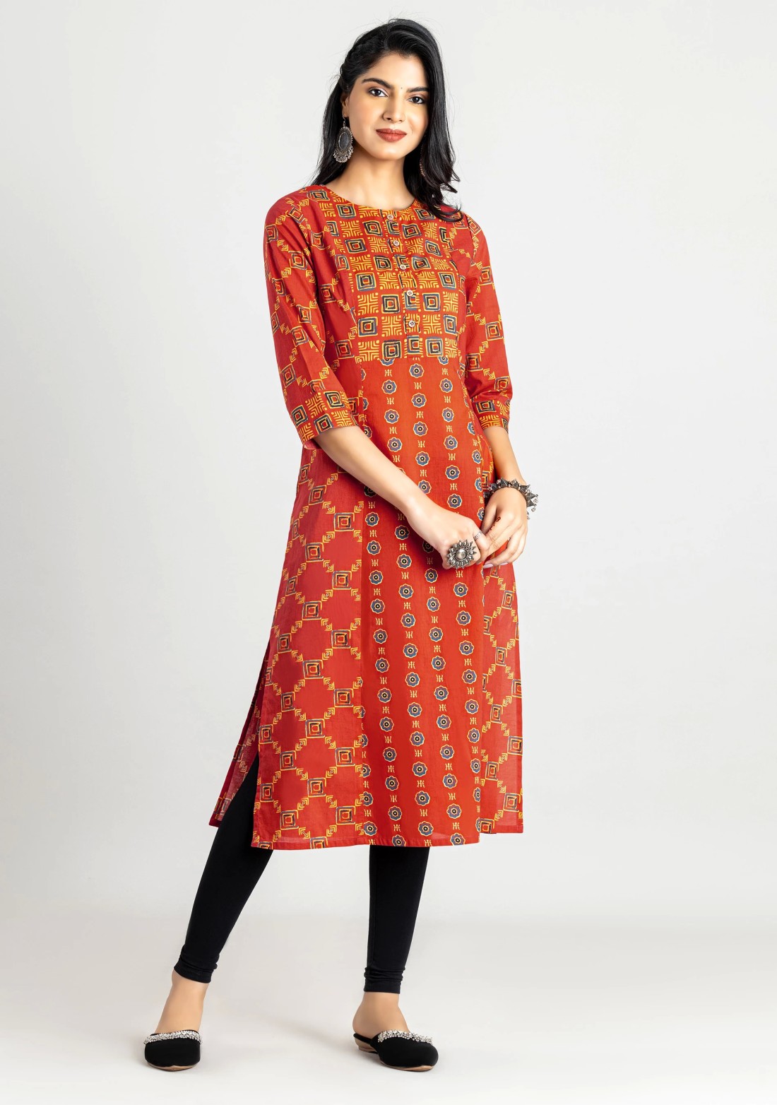 Brick Red Geometric Print Cotton A-line Kurta