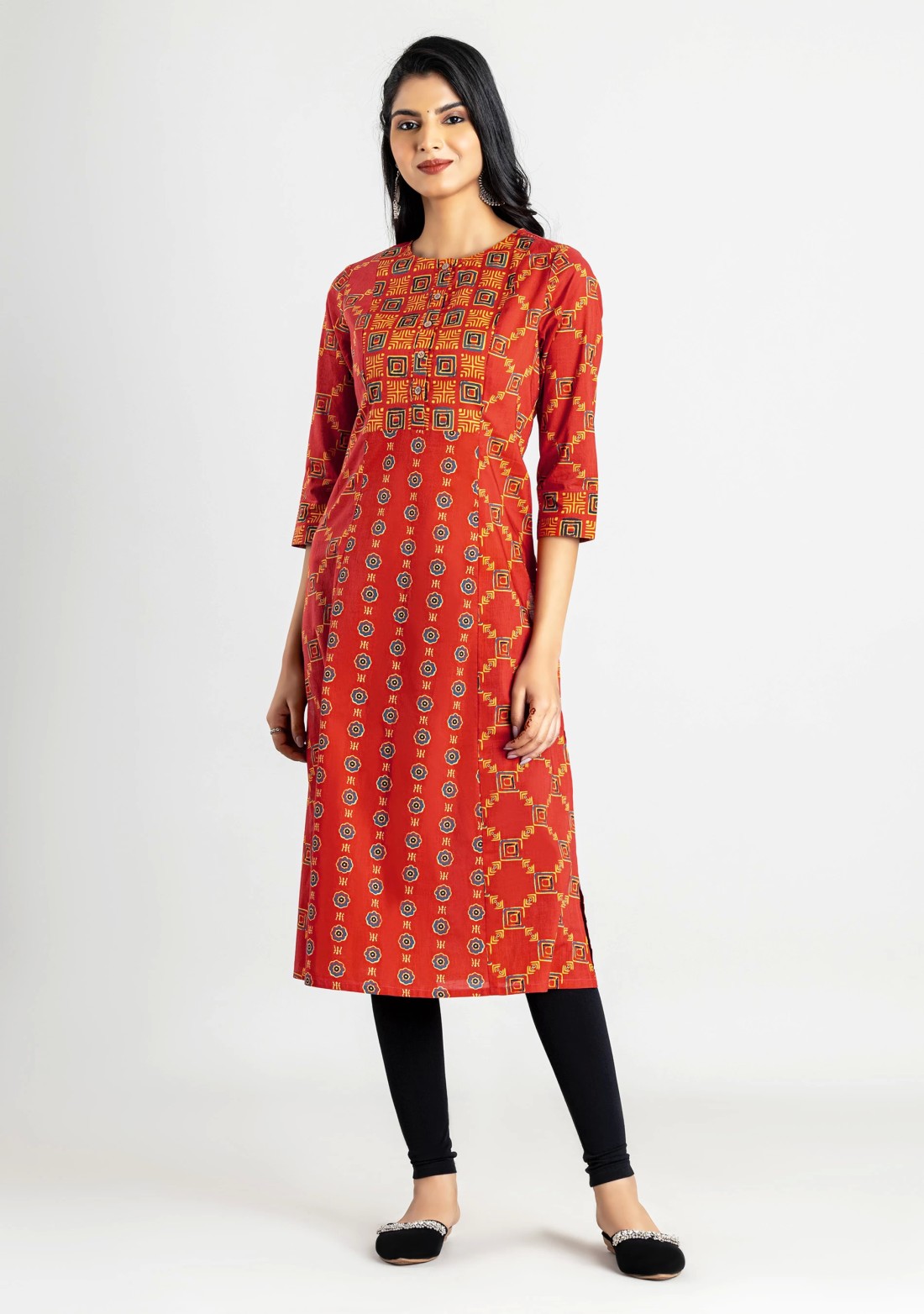 Brick Red Geometric Print Cotton A-line Kurta