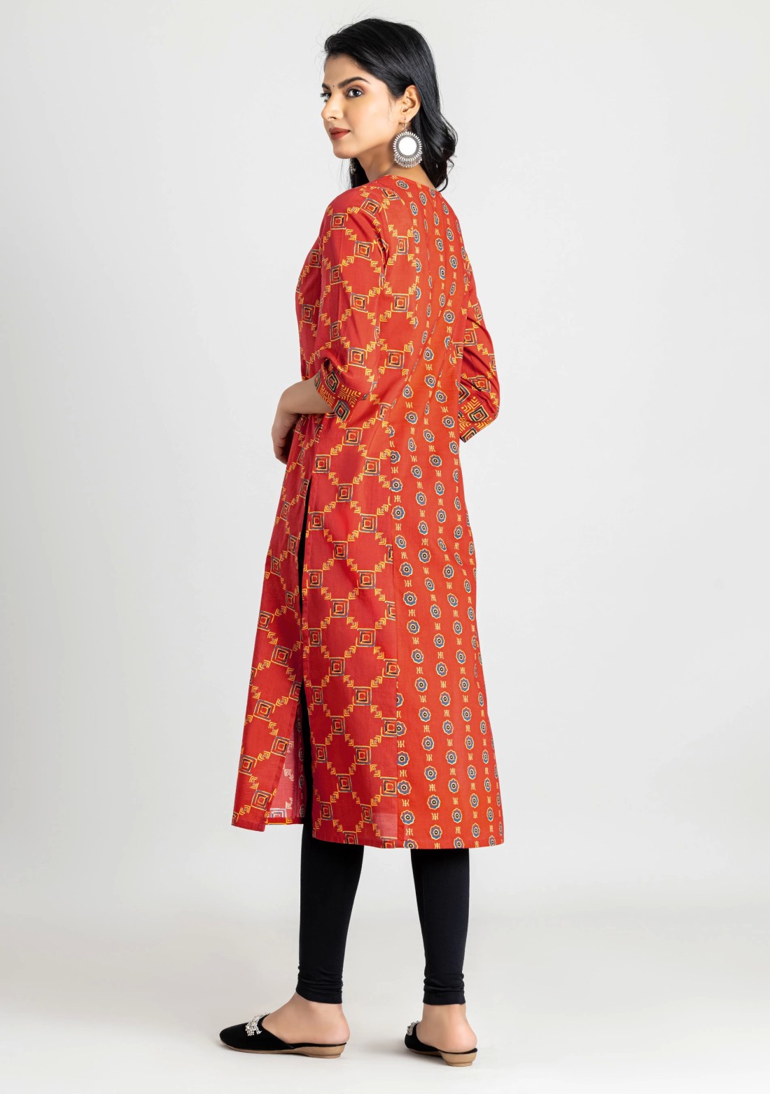 Brick Red Geometric Print Cotton A-line Kurta