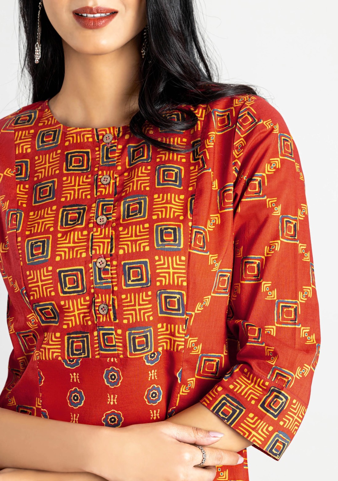 Brick Red Geometric Print Cotton A-line Kurta