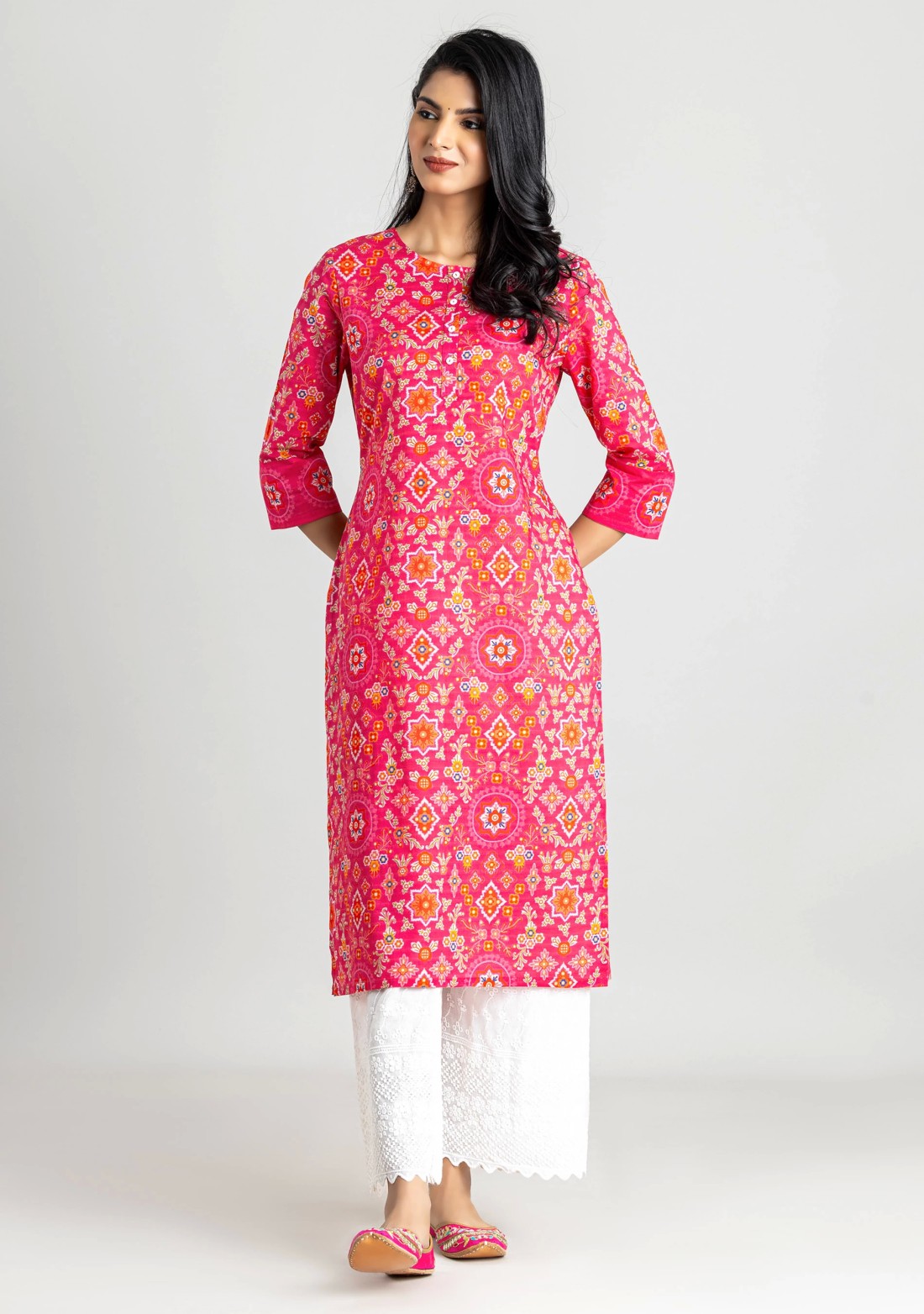 Pink Ethnic Print Straight Cotton Kurta