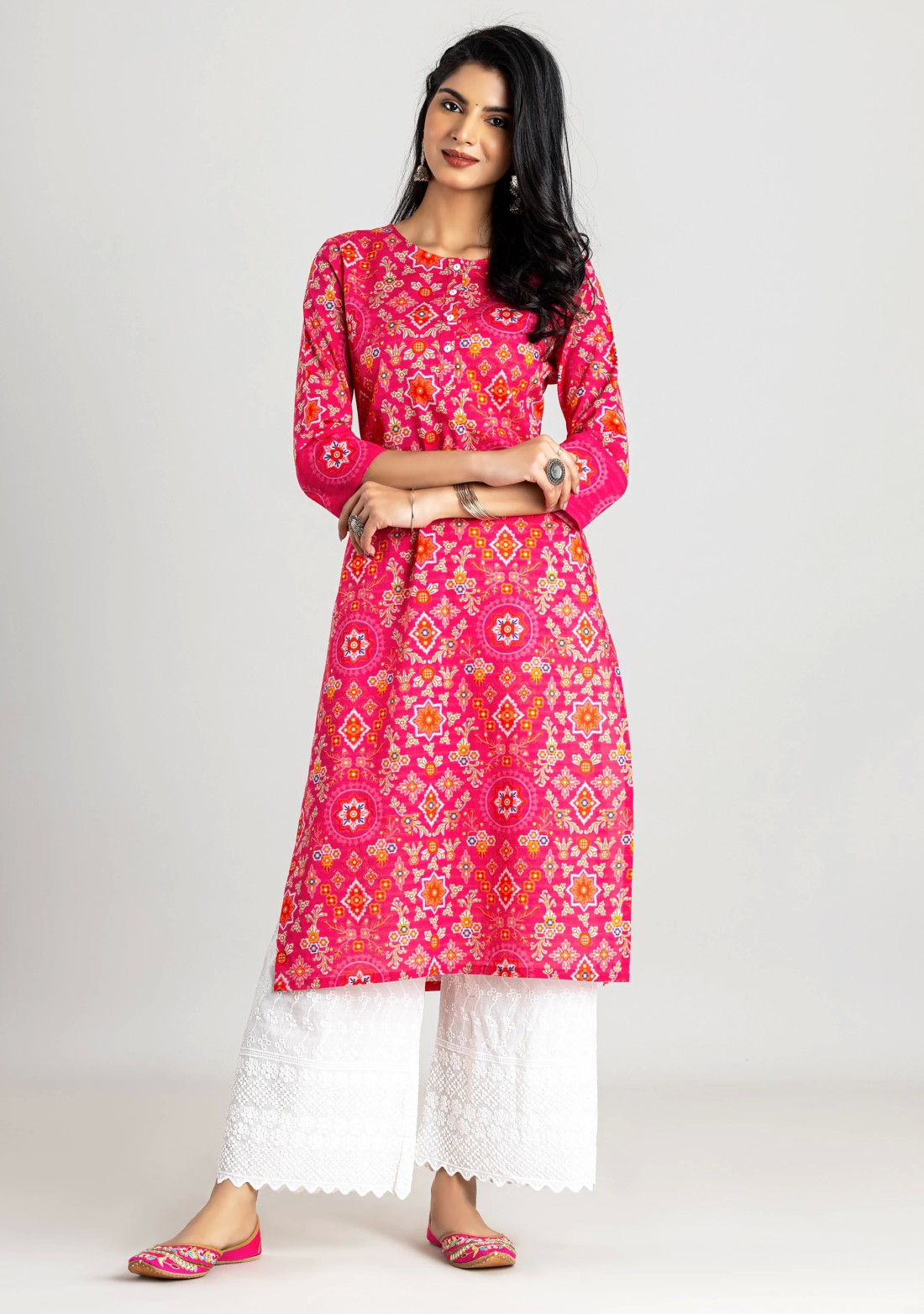 Pink Ethnic Print Straight Cotton Kurta