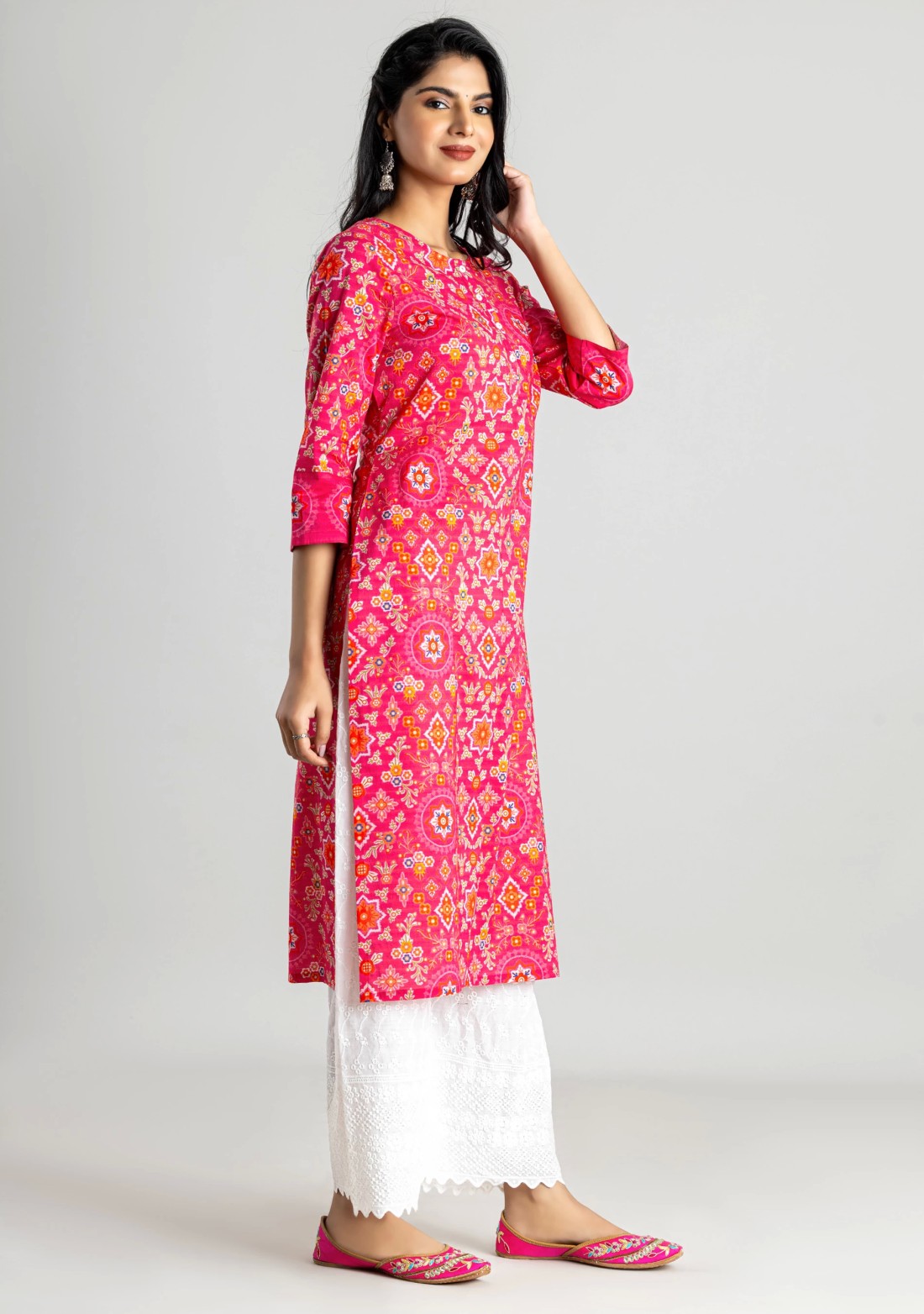 Pink Ethnic Print Straight Cotton Kurta