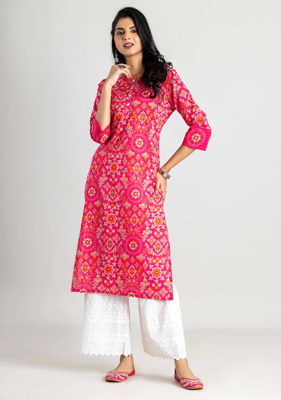 Pink Ethnic Print Straight Cotton Kurta