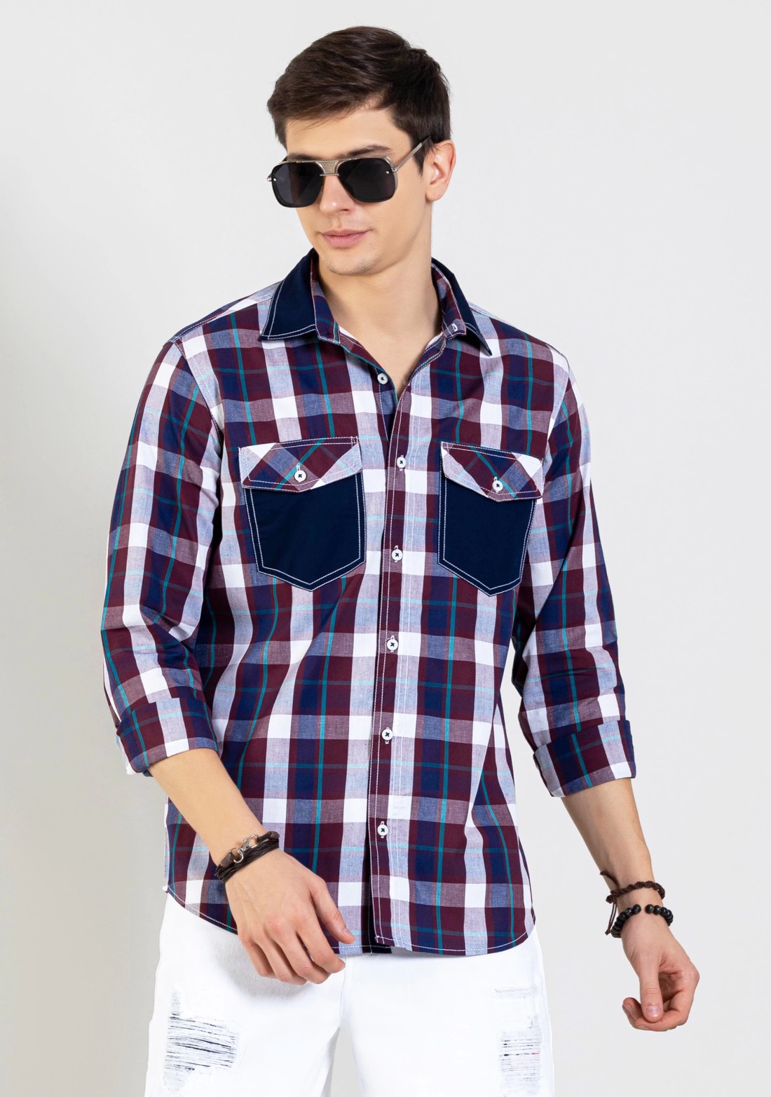 Maroon Regular Fit Men's Cotton Check Shirt