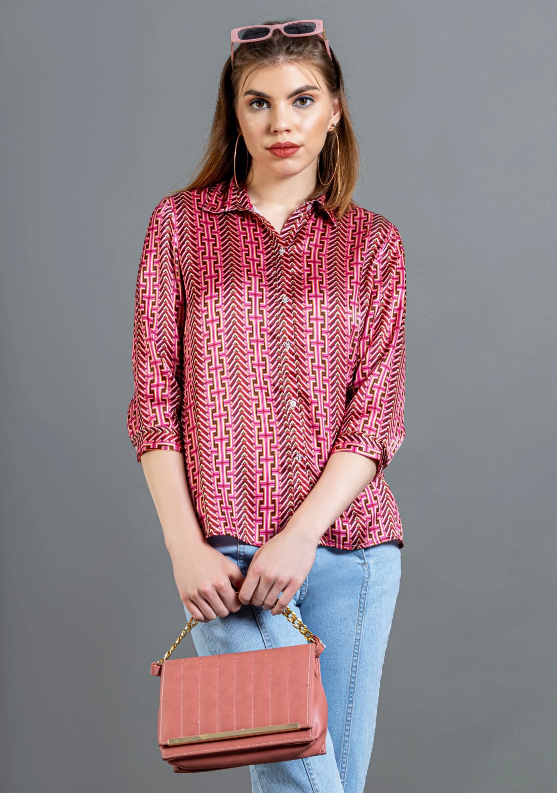 Dark Pink Geometric Print Button Down Shirt